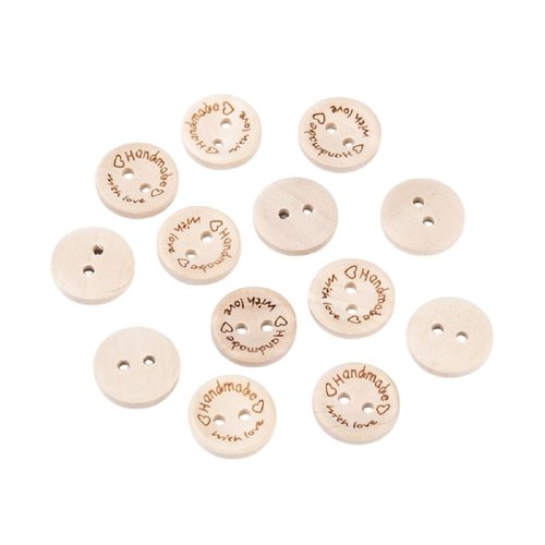 5 boutons bois beige clair rond 15 mm 2 trous - handmade with love - creation couture diy