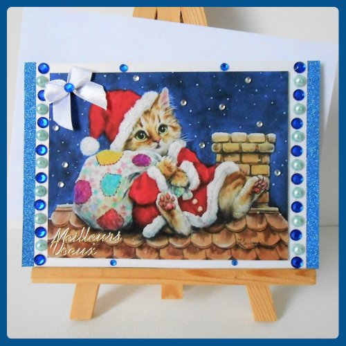 Carte De Voeux Blanche Et Bleue Chat Père Noël Un Grand