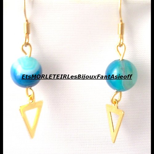 Boucles d'oreilles en acier dorée et perles agate bleue