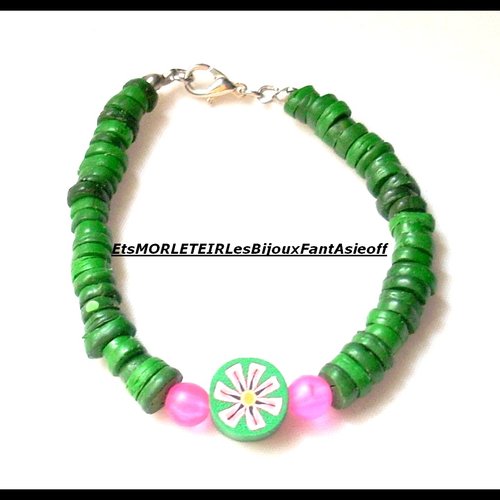 Bracelet de creation fimo enfant perles heishi vert et rose