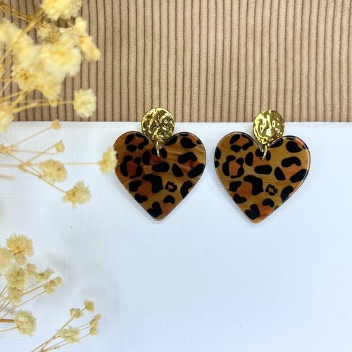 Boucles d'oreilles clou coeur léopard