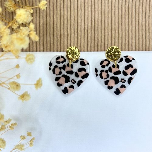 Boucles d'oreilles clou coeur léopard