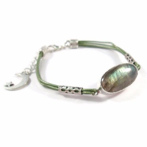 Bracelet femme, bracelet cuir, bracelet labradorite, bracelet vert, bracelet cabochon, bracelet lune, bracelet argenté