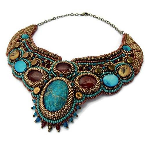 Collier plastron, collier brodé pierres fines et perles, collier brodé style égyptien, collier bleu bronze 