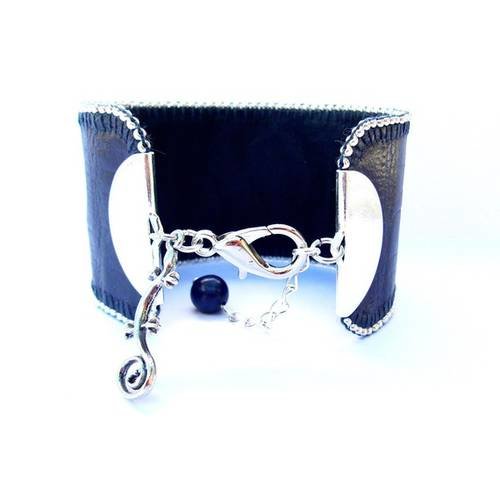 Bracelet cuir, bracelet femme, bracelet bleu marine, bracelet manchette, bracelet cuir bleu et perles argentées 