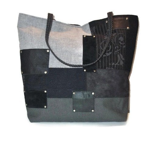 Sac noir, sac femme, sac patchwork, sac cabas, sac shopping, sac à main, sac cuir noir, sac a main, sac vintage, sac gris