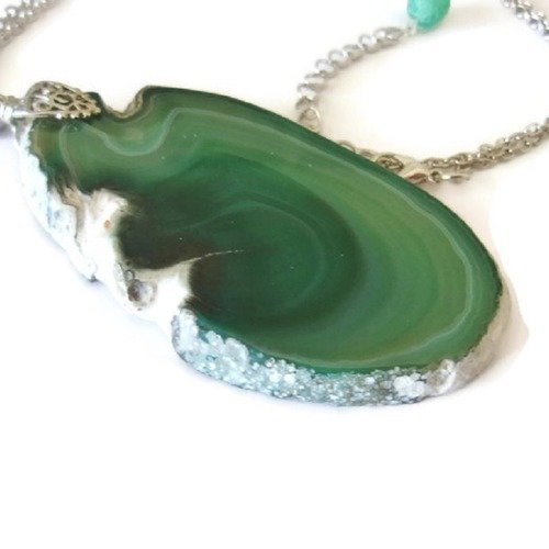 Collier pendentif femme agate tranche verte, ensemble pendentif  et chaîne, pendentif vert