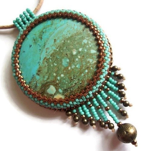 Collier pendentif femme bleu turquoise et bronze, tour de cou cuir naturel, collier perles turquoise