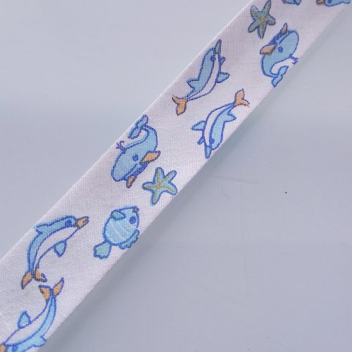 Biais motif enfant - 35% coton 65 % polyester - 2 cm de large - fond blanc motifs animaux marin - vendu au mètre