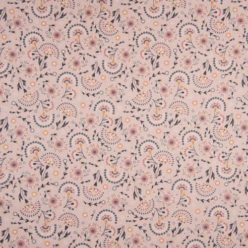 Tissu 100% coton - certifié oeko-tex - fond rose motif fleurs - largeur 1m40 - vendu au mètre -