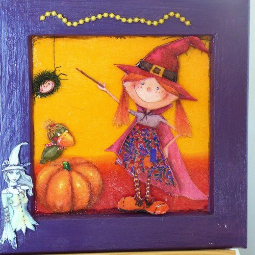 Tableau 3d halloween sorciere , tableau collage 3d chambre d'enfant