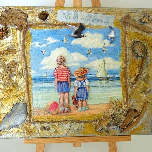  tableau marin mix media acrylique et collages, tons doré et argenté, déco marine, déco vintage, bois flotté, tableau enfants.