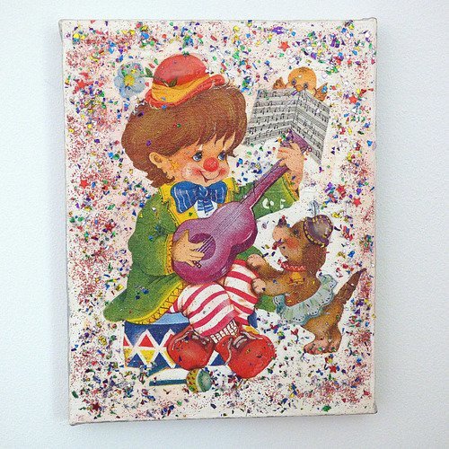 Tableau clown musicien collage et peinture, chambre d'enfants