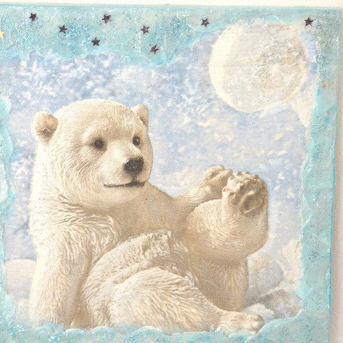 Decoration de noel ourson dans la neige collage technique mixte
