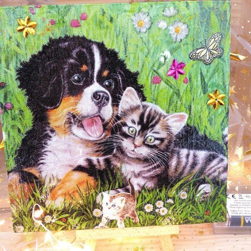 Tableau Chambre D Enfant Chiens Et Chats Bois Medium Et Serviettage Un Grand Marche