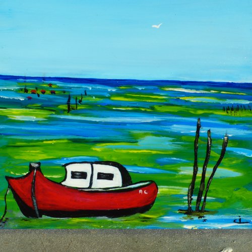 Tableau acrylique marin pinasse bassin d'arcachon, sur bois medium decoration murale