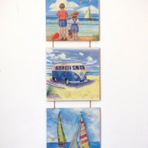 Tableau triptyque marin, van , enfant surf , plage  voiliers,