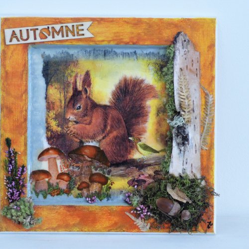 Décoration murale automne écureuil, nature, foret, techniques mixtes, collages