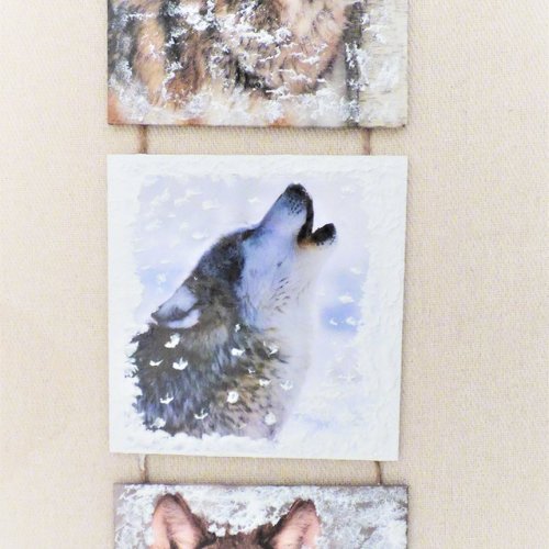 Tableau triptyque collage et techniques mixtes loups