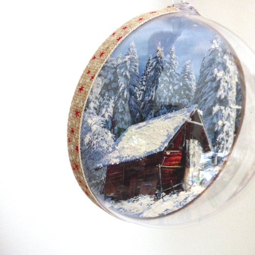 Boule de noel  chalet a la montagne vintage ski neige