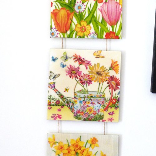 Triptyque printanier fleurs jaunes decoratin murale a suspendre