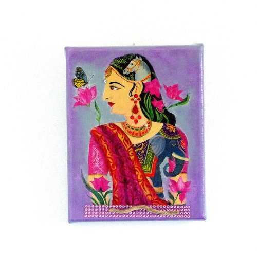 Tableau la déesse hindou acrylique , collages, bois flotté, mixed media