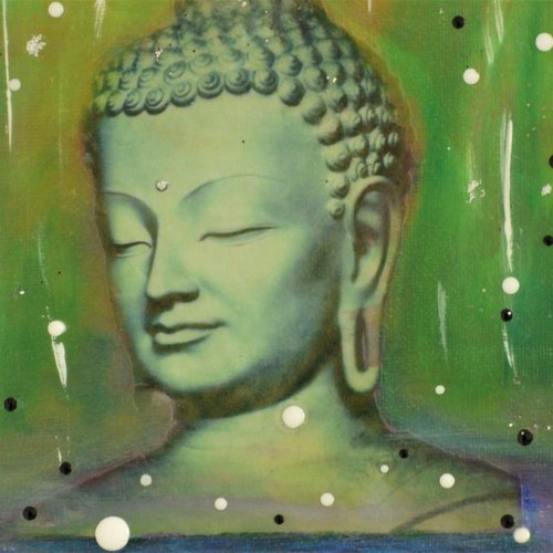 Bouddha sur toile coton acrylique et collage, décoration murale zen salon chambre