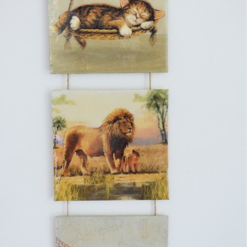 Tableau Triptyque Serviettage Chaton Lion Chiot Un Grand Marche