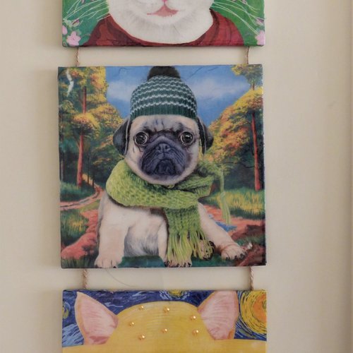 Triptyque chats chien , décoration murale à suspendre, collages, multicolore