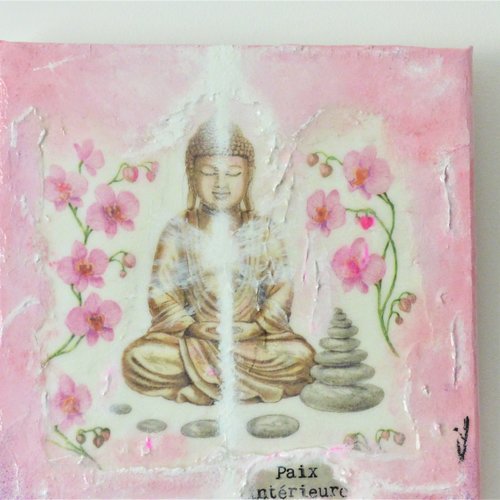 Tableau bouddha sur toile, techniques mixtes tons rose, la paix intérieure, décoration zen