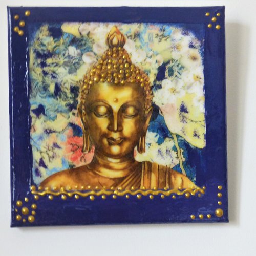 Décoration murale, tableau zen bouddha tons bleus dorés techniques mixtes, déco salon,chambre
