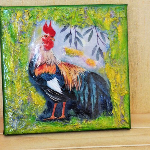 Tableau coq sur toile techniques mixtes , décoration murale animaux de la ferme poules