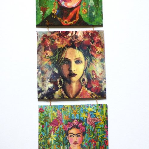 Triptyque frida pret a suspendre serviettage décoration murale