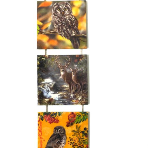 Triptyque automne chouette chevreuil a suspendre