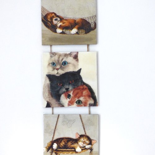 Triptyque chats chatons, chiots decoration murale a suspendre