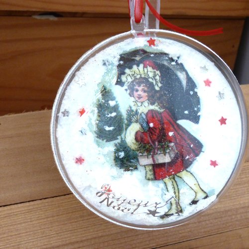 Boule de noel 10cm scene vintage enfants dans la neige 2 faces differentes