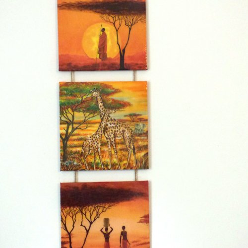 Tableaux afrique triptyque savane orangé girafe, decoration murale salon