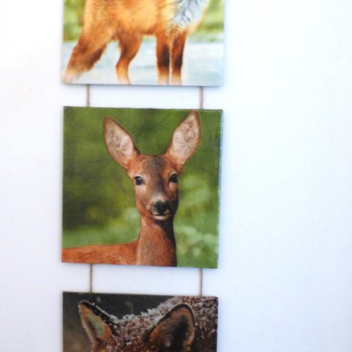 Tableau triptyque animaux de la foret renard chevreuil a suspendre
