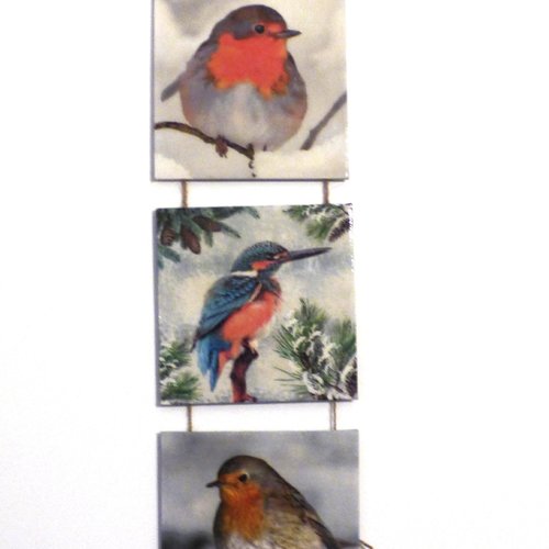 Tableau triptyque oiseaux rouge gorge décoration murale a suspendre