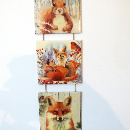 Decoration murale a suspendre ecureuil renards triptyque collage