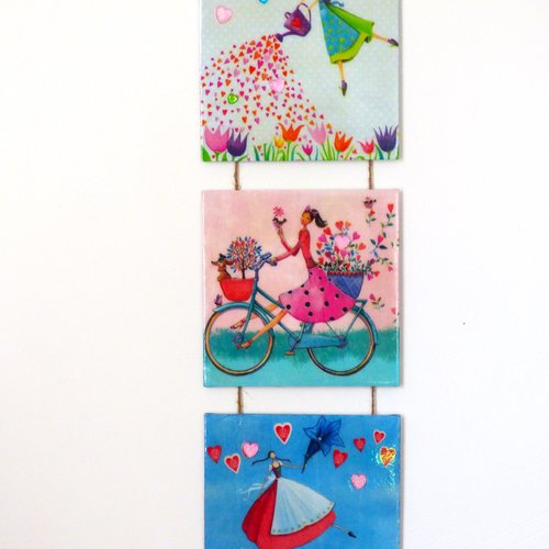 Triptyque fleur coeur valentin fées sur bois medium