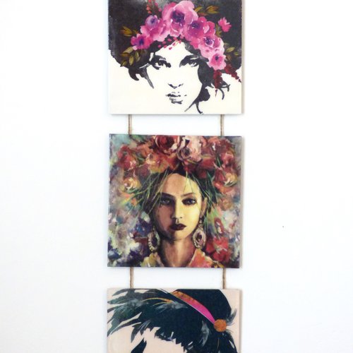 Tableau composition a suspendre portraits de femmes, serviettage