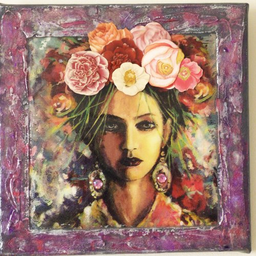 Tableau collage techniques mixtes sur toile tons violets roses pret a poser