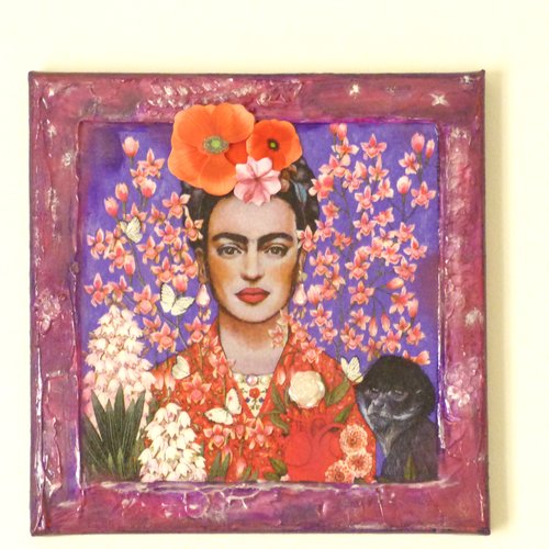 Tableau techniques mixtes et collage sur toile frida kahlo exotique