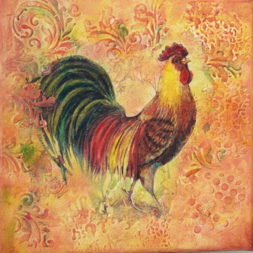 Tableau techniques mixtes coq décoration murale tons orangés
