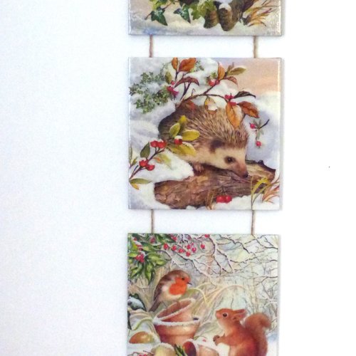 Triptyque décoration murale hiver écureuil herisson neige