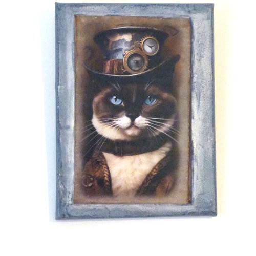 Tableau technique mixte chat deguisé  toile a suspendre