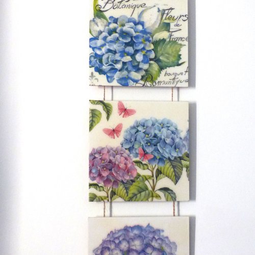 Triptyque jardin botanique, hortensias et papillon decoration murale a suspendre
