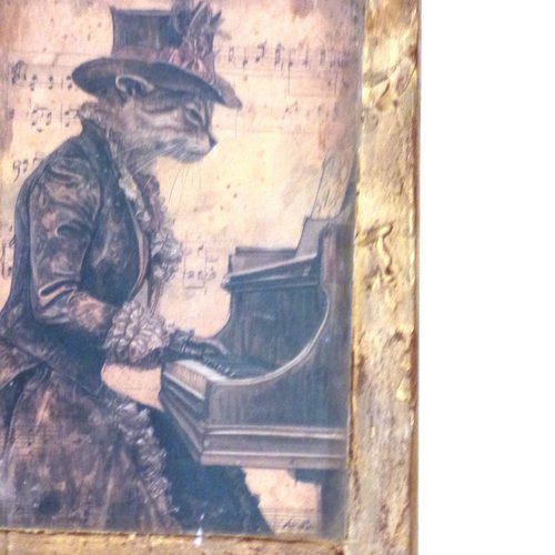Tableau collage chat deguisé piano techniques mixtes