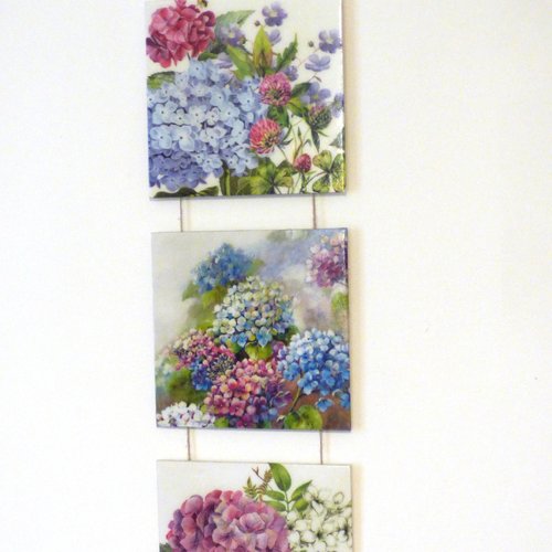 Triptyque serviettage hortensias tons bleus violets rose